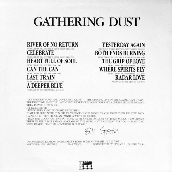 Image of Back Cover of 0526010E: LP - GHOST DANCE, Gathering Dust (Karbon; KAR XL303, UK 1988) A few light hairlines on the record.  Sleeve has mild wear and small liquid stain on rear bottom left.  VG/VG