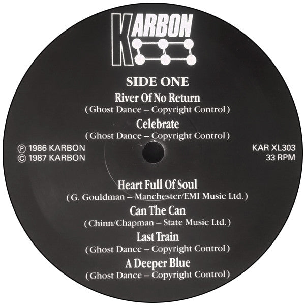 Image of Label Cover of 0526010E: LP - GHOST DANCE, Gathering Dust (Karbon; KAR XL303, UK 1988) A few light hairlines on the record.  Sleeve has mild wear and small liquid stain on rear bottom left.  VG/VG