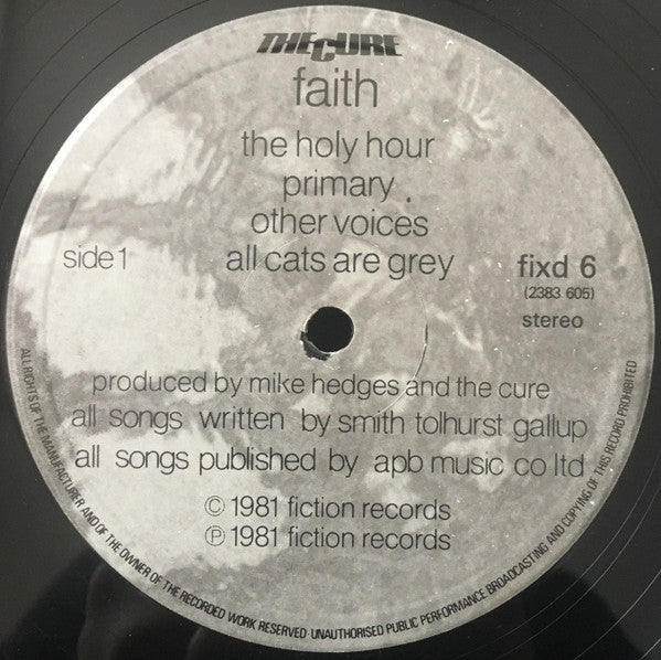 Image of Label Cover of LP - VG/VG+ - THE CURE, Faith (Fiction Records Black Text A-side; fixd 6, UK 1980s Reissue, No Inner), Light storage marks and minor blemishes on the record. 6cm split in top seam - fluffed and tattered.,  - 0526013E