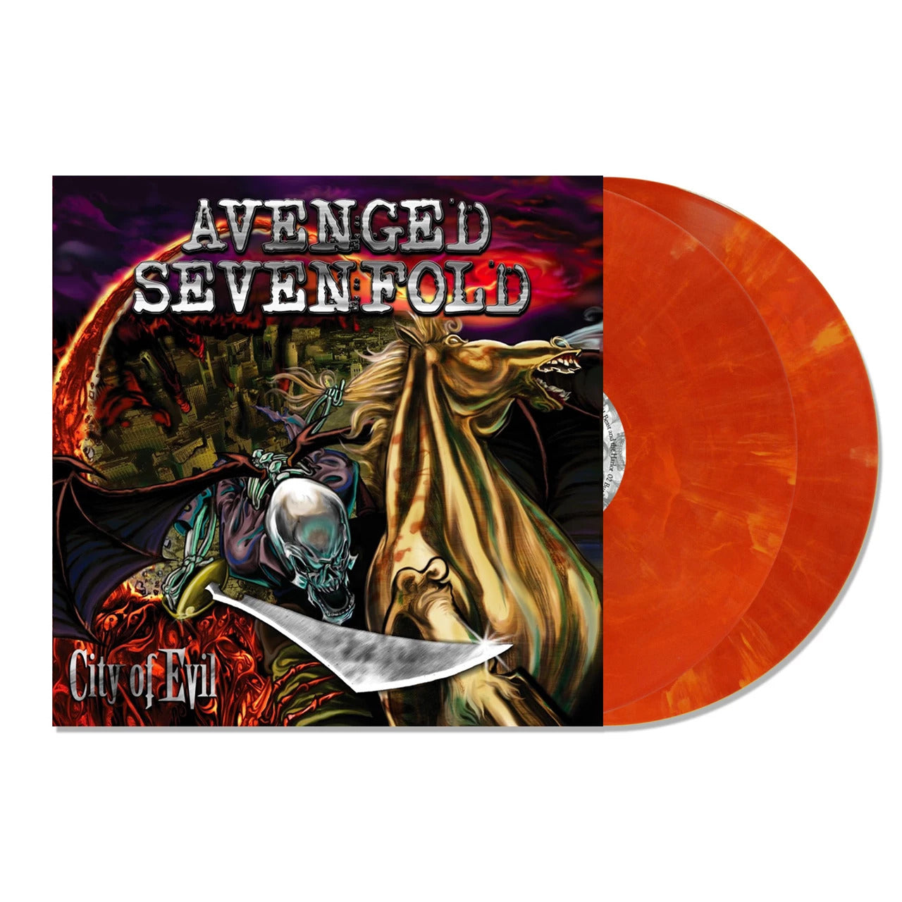 Image of Back Cover of 2xLP - NEW/NEW - AVENGED SEVENFOLD, City Of Evil (Hopeless Records, Inc.; HR7397-1, Europe 2025 Reissue, Foil, Gatefold, Repress, 20th Anniversary Red &Yellow Swirl Vinyl), ,  - 2056286S