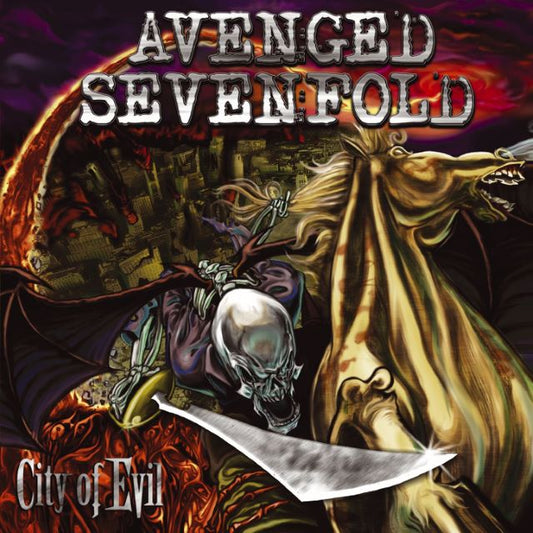 Image of Front Cover of 2xLP - NEW/NEW - AVENGED SEVENFOLD, City Of Evil (Hopeless Records, Inc.; HR7397-1, Europe 2025 Reissue, Foil, Gatefold, Repress, 20th Anniversary Red &Yellow Swirl Vinyl), ,  - 2056286S