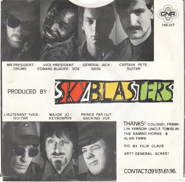 Image of Back Cover of 0516108C: 7" - SKYBLASTERS, Trip Into The Past / Pusher Man (CNR; 145.217, Belgium 1986, Picture Sleeve)   VG+/VG+