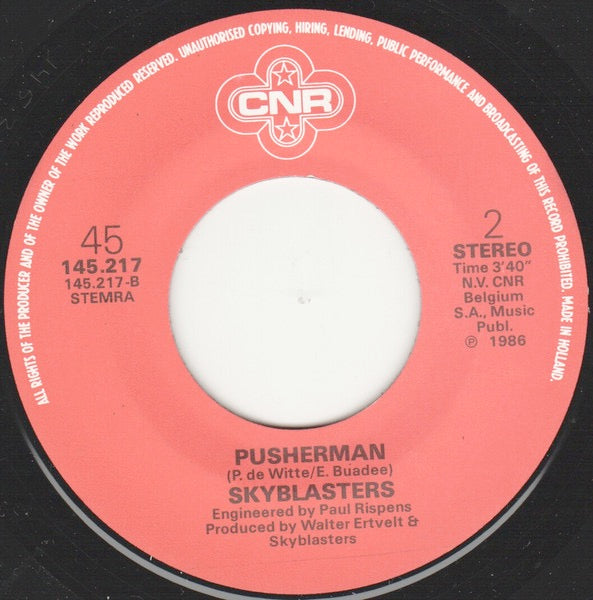 Image of Label Cover of 0516108C: 7" - SKYBLASTERS, Trip Into The Past / Pusher Man (CNR; 145.217, Belgium 1986, Picture Sleeve)   VG+/VG+