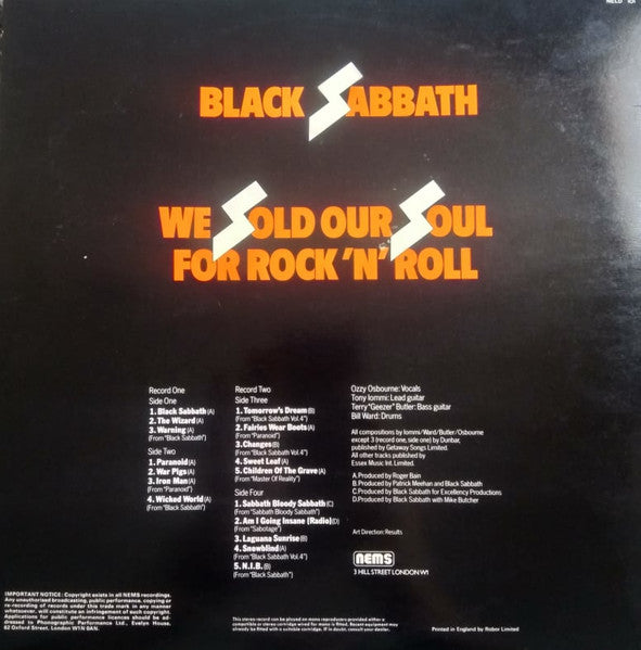 Image of Back Cover of 0546025S: 2xLP - BLACK SABBATH, We Sold Our Soul For Rock 'N' Roll (NEMS; NELD 101, UK 1975, Gatefold, Glued-in Booklet) Strong VG, a few haorlines only, ring wear  VG/VG