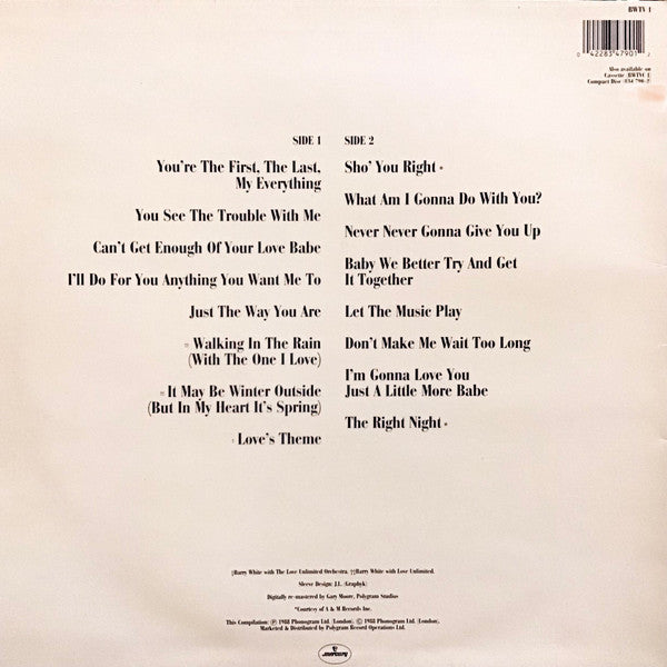 Image of Back Cover of LP - VG/VG - BARRY WHITE, The Collection (Mercury; BWTV 1, UK 1988), ,  - 3926026E