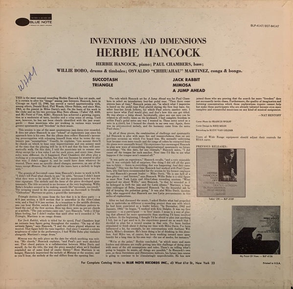 Image of Back Cover of 0516152C: LP - HERBIE HANCOCK, Inventions And Dimensions (Blue Note; BST 84147, US 1967, Pasteback Sleeve) Edge wear to sleeve + small patch of sticker damage. Some staining to reverse. "Stereo" sticker on front. Disc has only a few light marks.  VG/VG