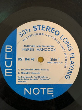 Image of Label Cover of 0516152C: LP - HERBIE HANCOCK, Inventions And Dimensions (Blue Note; BST 84147, US 1967, Pasteback Sleeve) Edge wear to sleeve + small patch of sticker damage. Some staining to reverse. "Stereo" sticker on front. Disc has only a few light marks.  VG/VG