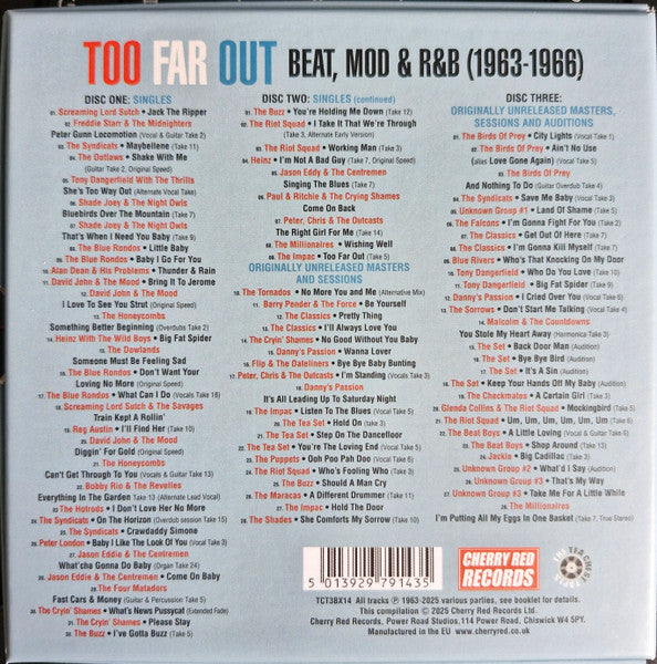 Image of Back Cover of 0536061E: 3xCD - VARIOUS, Too Far Out (Beat, Mod & R&B From 304 Holloway Road 1963-1966) (Cherry Red; TCT3BX14, UK 2025, Box Set, Booklet)   VG+/EX