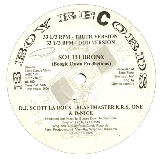 Image of Front Cover of 0546125S: 12" - BOOGIE DOWN PRODUCTIONS, South Bronx / The "P" Is Free (B-Boy Records; BB 100, US 1986)   /VG+
