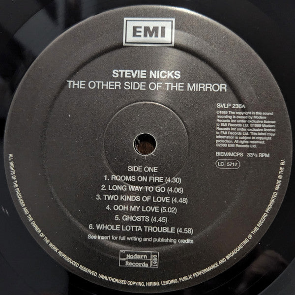 Image of Label Cover of 0526209E: LP - STEVIE NICKS, The Other Side Of The Mirror (Modern Records; 91245-1, UK 2000 Reissue, Insert, Limited Edition 180g vinyl) Sleeve has ringwear, small indentations and creases.  VG/VG+