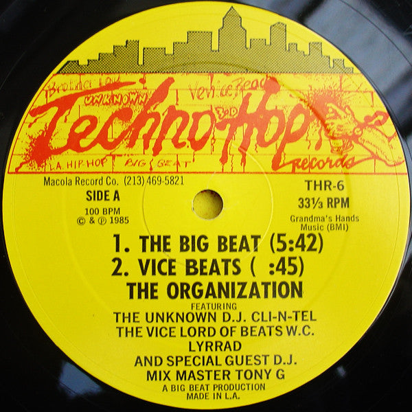 Image of Front Cover of 0516242C: 12" - THE ORGANIZATION, The Big Beat (Techno Hop Records; THR-6, US 1985, Company Sleeve) Lots of marks on record; a very slight warp. Sleeve worn  VG/G