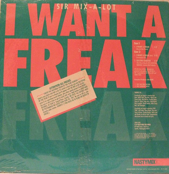 Image of Back Cover of 0516248C: 12" - SIR MIX-A-LOT, I Want A Freak (Remix) (Nastymix Records; IGU 6971, US 1987, Picture Sleeve) Sleve opeing rough; shrink-wrap. Writing on label in marker pen  G+/G+