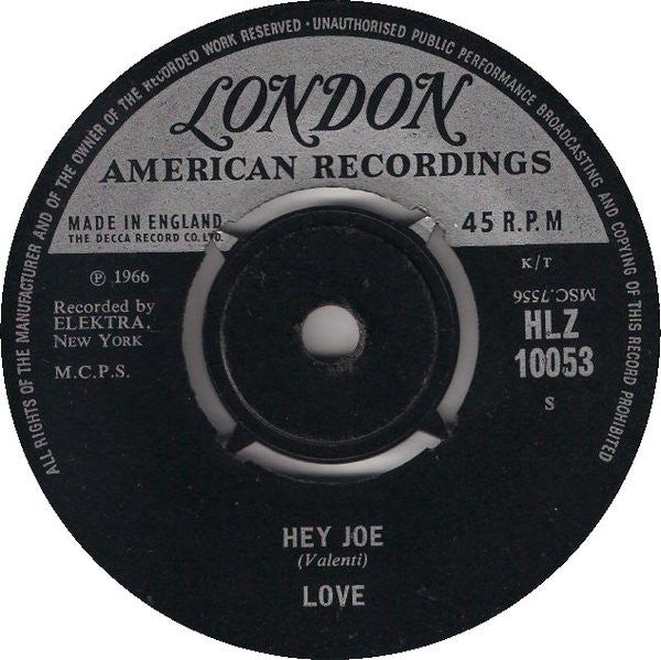 Image of Back Cover of 0526276E: 7" - LOVE, My Little Red Book / Hey Joe (London Records; HLZ 10053, UK , Company Sleeve)   VG/VG