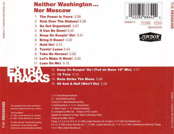 Image of Back Cover of 0556068S: CD - REDSKINS, Neither Washington Nor Moscow (London Records; 828864-2, UK & Europe 1997) Light Marks only.  VG+/VG+