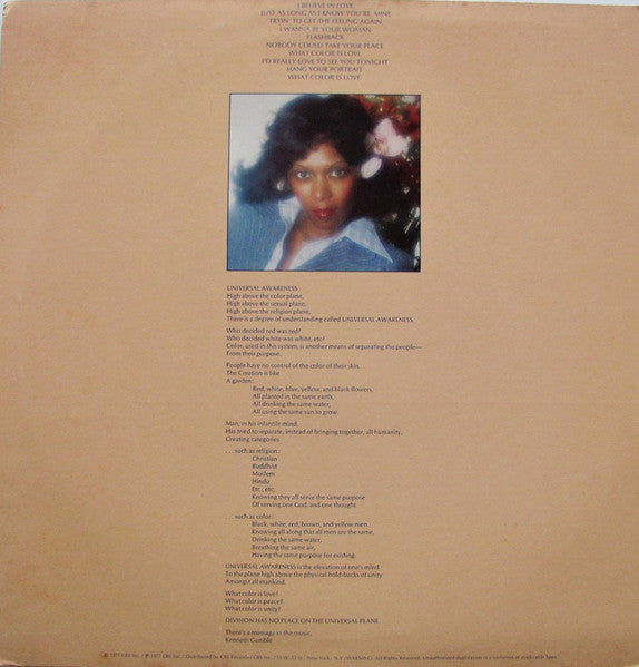 Image of Back Cover of 0526302E: LP - DEE DEE SHARP GAMBLE, What Color Is Love (Philadelphia International Records; PZ 34437, US 1977, Inner) Light marks on disc. Light wear to edseg of sleeve with ringwear.  VG/VG