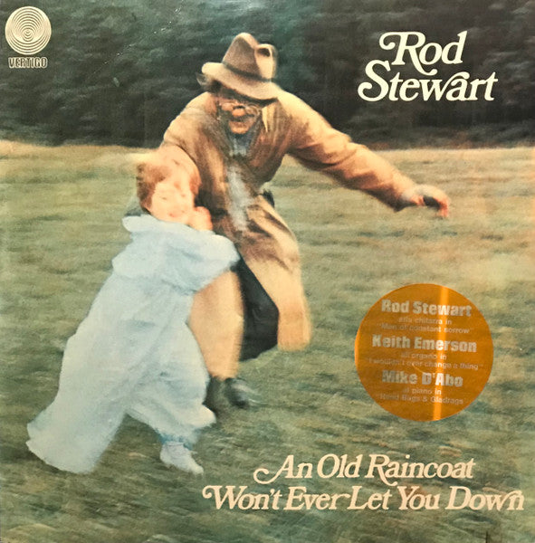 Image of Front Cover of 0516379C: LP - ROD STEWART, An Old Raincoat Won't Ever Let You Down (Vertigo Swirl label; VO 4, Italy 1972 Reissue) Light marks and hairlines to disc, Light wear to sleeve  VG/G+