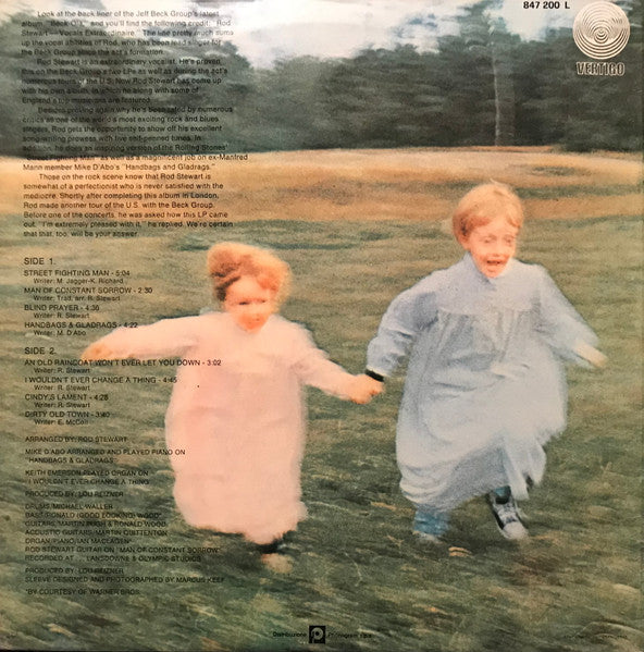 Image of Back Cover of 0516379C: LP - ROD STEWART, An Old Raincoat Won't Ever Let You Down (Vertigo Swirl label; VO 4, Italy 1972 Reissue) Light marks and hairlines to disc, Light wear to sleeve  VG/G+