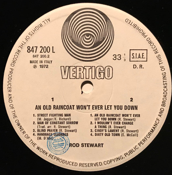 Image of Label Cover of 0516379C: LP - ROD STEWART, An Old Raincoat Won't Ever Let You Down (Vertigo Swirl label; VO 4, Italy 1972 Reissue) Light marks and hairlines to disc, Light wear to sleeve  VG/G+