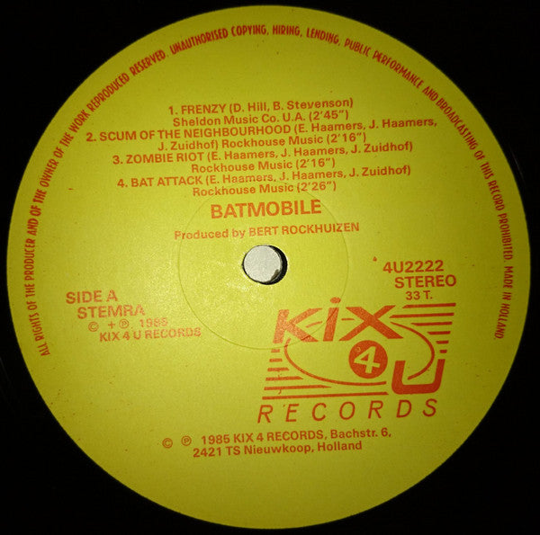 Image of Label Cover of 0526412E: Mini LP - BATMOBILE, Batmobile (Kix 4 U Records; KIX 4 U 2222, Netherlands 1985, Insert) Large corner crease, indents to sleeve.  VG/VG
