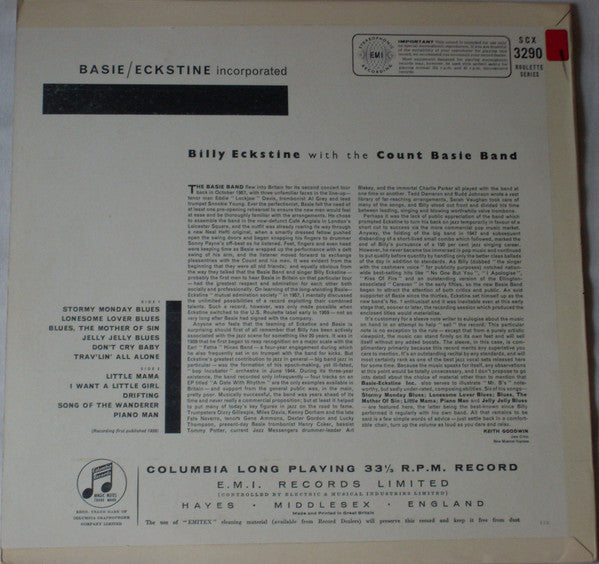 Image of Back Cover of LP - VG/VG - COUNT BASIE AND BILLY ECKSTINE, Basie/Eckstine, Inc. (Columbia; SCX3290, UK 1959, Laminated Front Sleeve), Hairlines. Edge wearm, indents foxing and slight laminate creasing.,  - 0746186S