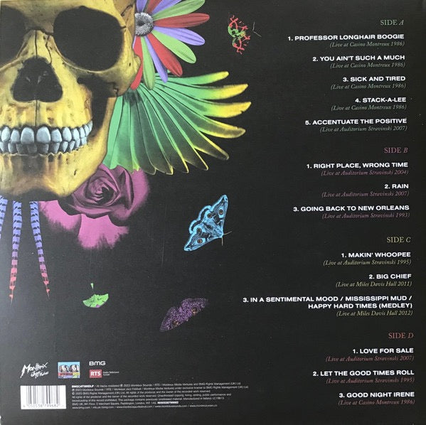 Image of Back Cover of 0526417E: 2xLP - DR. JOHN, The Montreux Years (Montreux Jazz Festival; BMGCAT580DLP, Worldwide 2023, Gatefold, 2 Inners) Mottling, paper scuffs, large corner crease. Seam splits to inners. Small tear on spine, corner bumps, creasing.  VG/VG