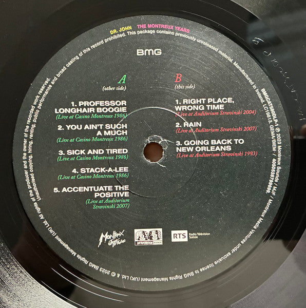 Image of Label Cover of 0526417E: 2xLP - DR. JOHN, The Montreux Years (Montreux Jazz Festival; BMGCAT580DLP, Worldwide 2023, Gatefold, 2 Inners) Mottling, paper scuffs, large corner crease. Seam splits to inners. Small tear on spine, corner bumps, creasing.  VG/VG