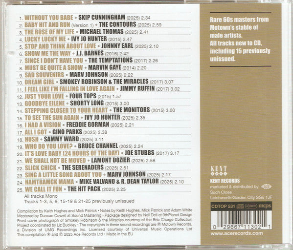 Image of Back Cover of 0536187E: CD - VARIOUS, Hit & Run! More Motown Guys (Kent Soul; CDTOP 531, UK 2025, Jewel Case)   VG+/VG+