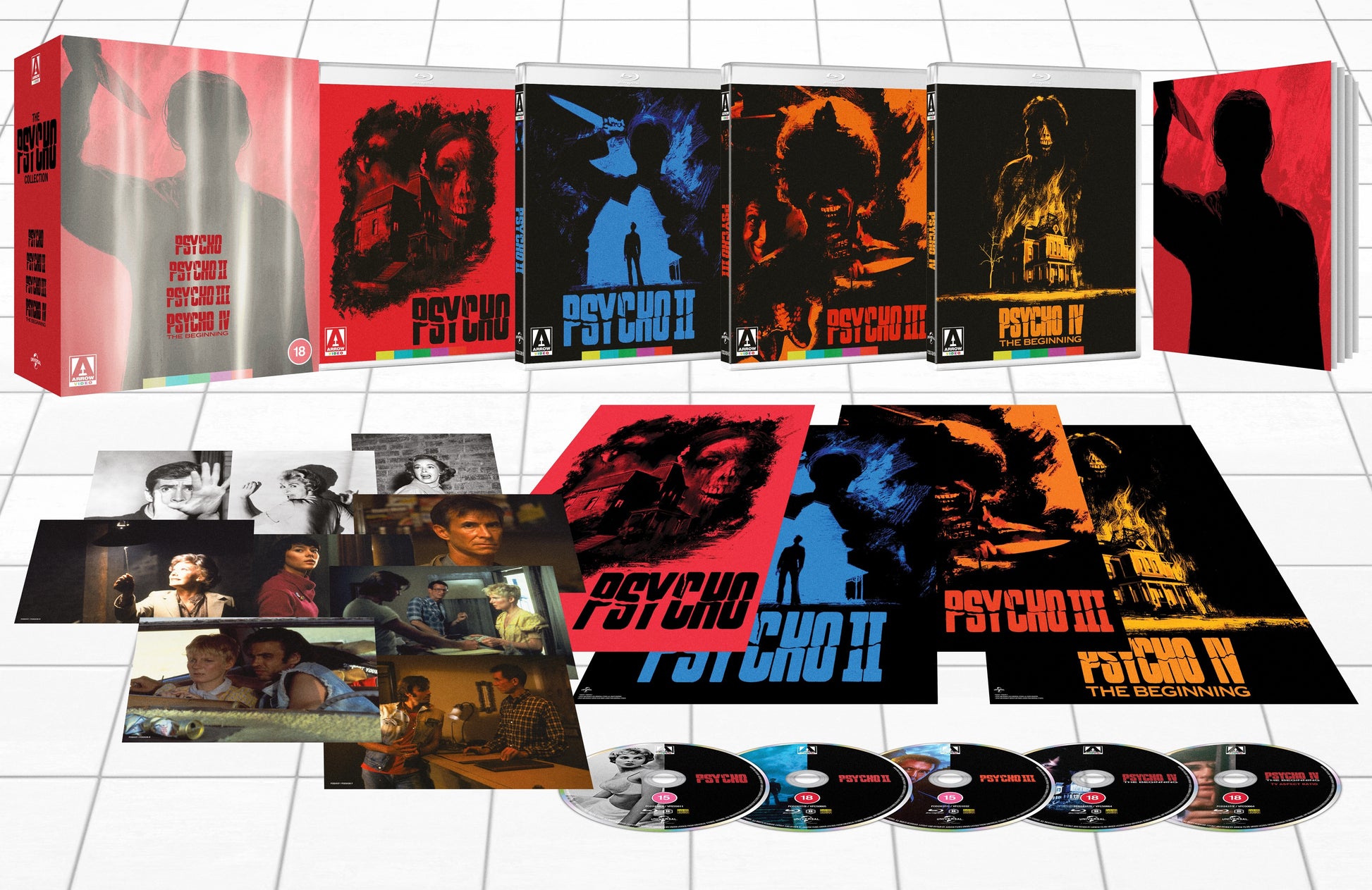 Image of Back Cover of 5xBlu-Ray - G+/VG+ - ALFRED HITCHCOCK, The Psycho Collection (Arrow Video; FCD2439, UK 2023 Reissue, DVD Box Set, Booklet, 9 Postcards, 4 Posters), Bottom of boxset has a split, some dvd boxes with marked plastic cover, disc 3 has a small mark, rest of discs very good +,  - 1336024E