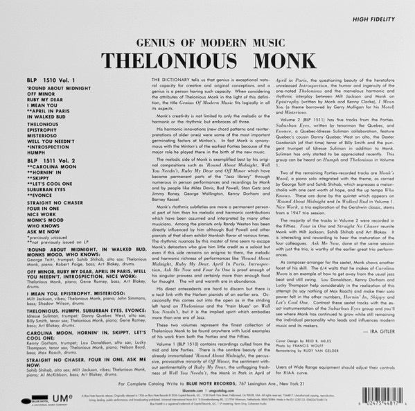 Image of Back Cover of LP - NEW/NEW - THELONIOUS MONK, Genius of Modern Music, Vol. 2 (1947-52) (Verve; 7544817, Europe 2026 Reissue, Jazz legend Thelonious Monk made his earliest recordings as a leader for Blue Note in 1947 and over the next five years Alfred Lion recorded the pianist in a variety of settings documenting his utterly unique music. The 1956 12  compilation Genius of Modern Music, Vol. 2 (BLP 1511) featured classic Monk compositions including  Straight No Chaser ,  Four In One , and   Monk s 
