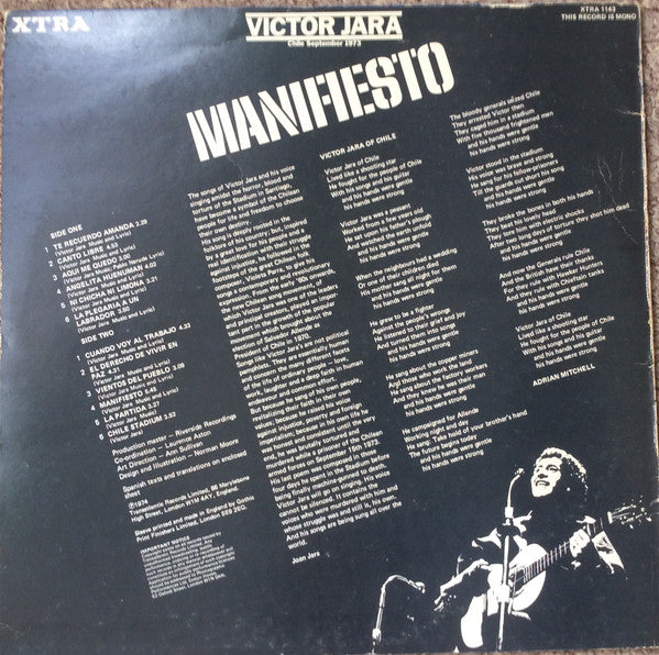 Image of Back Cover of 0626016E: LP - VICTOR JARA, Manifiesto Chile September 1973 (XTRA; XTRA 1143, UK 1974, Booklet) Press copy with additions. Includes 4 page lyric booklet different to released booklet (white paper, square). Includes small folder with photograph, 8 pages of newspaper clippings. FACT FANS: Contact at Transatlantic Records for this release is Vivien Goldman who was working for Transatlantic at the time.  VG/VG
