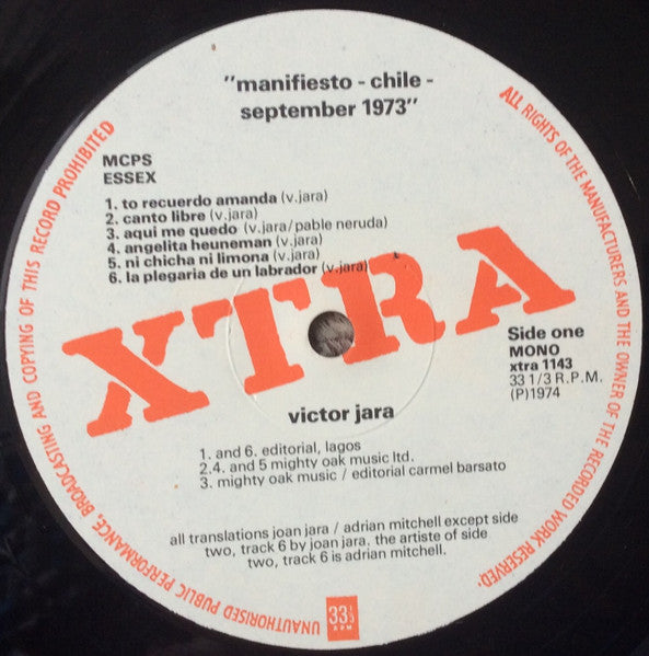 Image of Label Cover of 0626016E: LP - VICTOR JARA, Manifiesto Chile September 1973 (XTRA; XTRA 1143, UK 1974, Booklet) Press copy with additions. Includes 4 page lyric booklet different to released booklet (white paper, square). Includes small folder with photograph, 8 pages of newspaper clippings. FACT FANS: Contact at Transatlantic Records for this release is Vivien Goldman who was working for Transatlantic at the time.  VG/VG