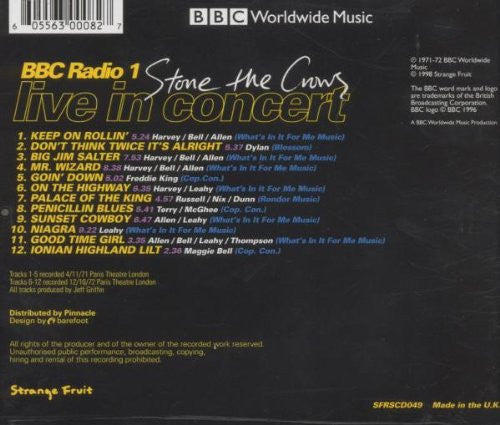 Image of Back Cover of 0636050E: CD - STONE THE CROWS, BBC Radio 1 Live In Concert (Strange Fruit; SFRSCD049, UK , Jewel Case)   VG+/VG+