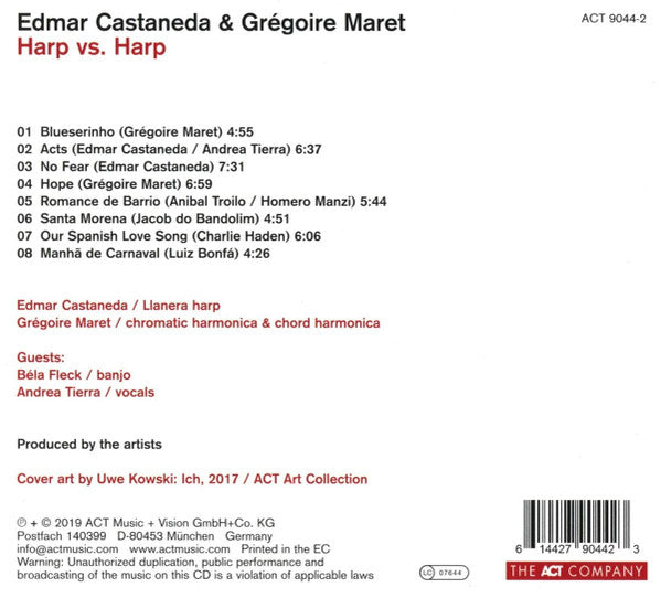 Image of Back Cover of CD - VG+/VG+ - EDMAR CASTANEDA, GR GOIRE MARET, Harp vs. Harp (ACT; ACT 9044-2, Germany 2019, Digipak), ,  - 0556160S