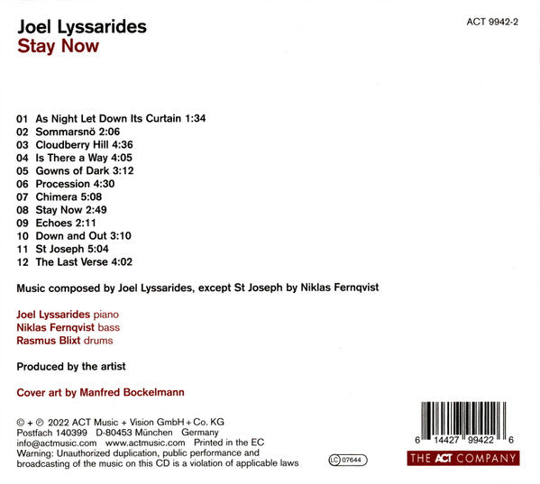 Image of Back Cover of CD - VG+/VG+ - JOEL LYSSARIDES, Stay Now (ACT; ACT 9942-2, Germany 2022, Digipak), ,  - 0556163S