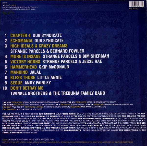 Image of Back Cover of 0616163C: LP - VARIOUS, Pay It All Back Volume 4 (On-U Sound; ON-U LP 63, UK 1993) Light Marks only.  VG/G+