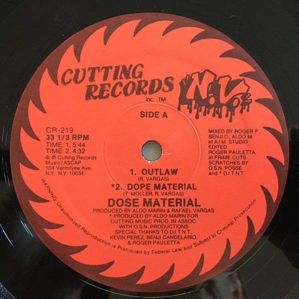 Image of Front Cover of 0616164C: 12" - DOSE MATERIAL, Outlaw (Cutting Records; CR-219, US 1988, Plain Sleeve) Light Marks only.  /G+