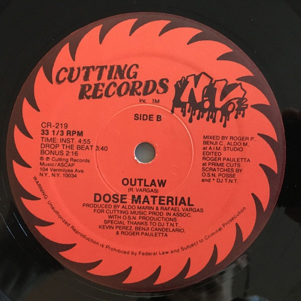 Image of Back Cover of 0616164C: 12" - DOSE MATERIAL, Outlaw (Cutting Records; CR-219, US 1988, Plain Sleeve) Light Marks only.  /G+