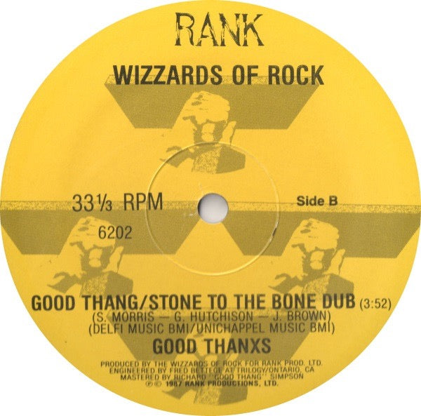 Image of Back Cover of 0616201C: 12" - WIZZARDS OF ROCK, Good Thang / Stone To The Bone (Rank Productions; 6202, US 1987, Plain Sleeve) Light Marks only.  /G+
