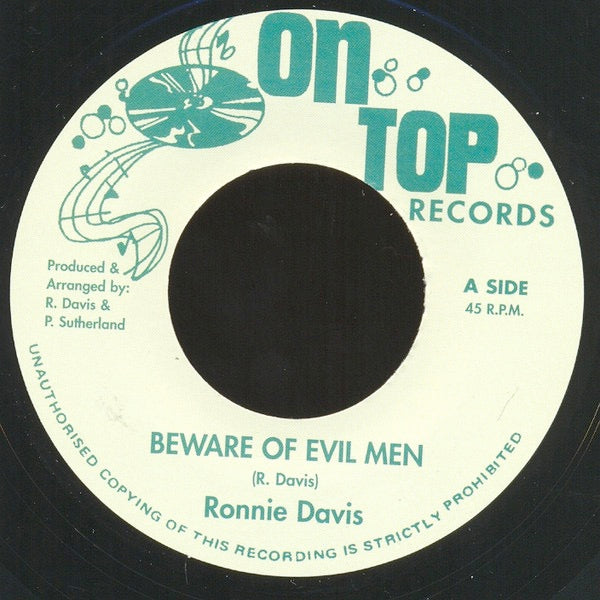 Image of Front Cover of 7" - /VG - RONNIE DAVIS, Beware Of Evil Men (On Top Records; none, UK 2012 Reissue, Plain Sleeve), A-side lightly fogged. Lighter marks throughout,  - 3616244C