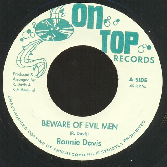 Image of Front Cover of 7" - /VG - RONNIE DAVIS, Beware Of Evil Men (On Top Records; none, UK 2012 Reissue, Plain Sleeve), A-side lightly fogged. Lighter marks throughout,  - 3616244C