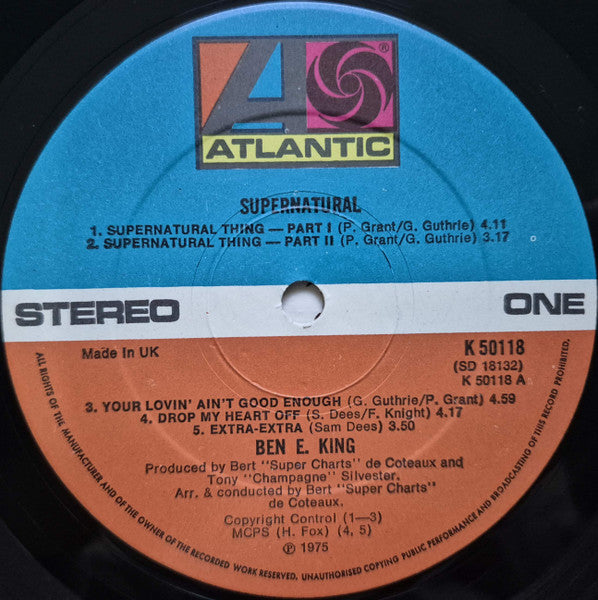 Image of Label Cover of LP - VG/G+ - BEN E. KING, Supernatural (Atlantic; K 50118, UK 1975), Superficial marks only.,  - 3916269C