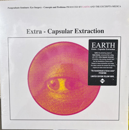 Image of Front Cover of LP - NEW/NEW - EARTH, Extra-Capsular Extraction (Fire Records; FIRELP829, UK 2026, Transparent Yellow vinyl), , 1000 copies on Transparent Yellow vinyl. Earth, the pioneering project of Dylan Carlson, laid the groundwork for drone metal with their very first release, 1991 s Extra-Capsular Extraction - a three-track EP that features Kurt Cobain on  A Bureaucratic Desire for Revenge, Part 2.  A cornerstone of heavy minimalism and sludge, this debut marks the arrival of the genre s orig