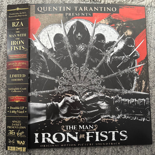 Image of Front Cover of 2xLP -  - RZA, VARIOUS ARTISTS, The Man with the Iron Fists (Original Motion Picture Soundtrack) (36 Chambers; RN1087, UK 2026, Audiophile grade, Collectors quality Vinyl, Orange and red Vinyl), , Limited edition-audiophile grade, collectors  quality Double LP Set, packaged in a 1 of 1  album cover variant   A RZA-crafted epic of sound, story, and Shaolin soul.  Forged at the crossroads of cinema and hip-hop mythology, The Man with the Iron Fists: Original Motion Picture Sound