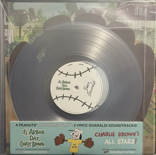 Image of Front Cover of 2x10"  - NEW/NEW - VINCE GUARALDI (AND VINCE GUARALDI SEXTET AND VINCE GUARALDI TRIO), Charlie Brown All Stars / It s Arbor Day Charlie Brown (Lee Mendelson Film Productions; LM26ADAS03, UK 2026, One Brown Shaped Disc and One Silver Round Disc), , This Ball and Glove is unique and limited to this release in this configuration. LMFP plans to release a gatefold of the combined two soundtracks on one disc the prior month (Biovinyl 12" LP). - 1656105S
