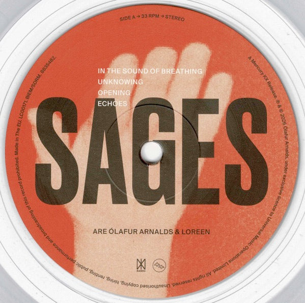 Image of Back Cover of 12" EP - NEW/NEW -  LAFUR ARNALDS & LOREEN, SAGES (Mercury KX; 8835482, UK 2026, Picture Sleeve, Clear Vinyl), ,  lafur Arnalds and Loreen's collaborative SAGES project arrives on vinyl for the first time, blending electronica, modern classical, and alt-pop. What began as an unlikely collaboration has evolved into something extraordinary, pairing Loreen s otherworldly vocals with  lafur s lush soundscapes.EP TRACKLISTIn The Sound of Breathing (03:55)Unknowing (03:31)Opening (07:4