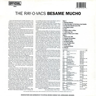 Image of Back Cover of LP - VG+/EX - THE RAY-O-VACS, Besame Mucho (Official; 6047, Denmark 1989), Evidence of small price sticker on sleeve.,  - 0626152E