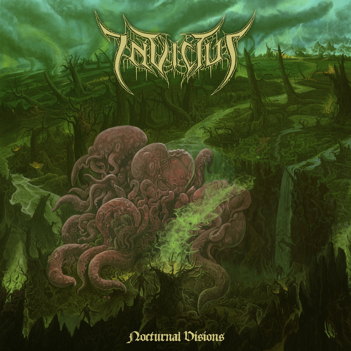 Image of Front Cover of LP - NEW/NEW - INVICTUS, Nocturnal Visions (Me Saco Un Ojo; MSUO204LP, Europe 2026), , Conceived in Nagano City back in 2015, INVICTUS’ original goal was to play death metal with hints of technicality and a strong thrash metal edge, combining the morbid grooves and abhorrent atmospherics of all archaic death metal gods (Death, Malevolent Creation, Monstrosity, Brutality, Mercyless, Morbid Angel, Gorguts, Obituary, early Decapitated, Sadistic Intent, early Cannibal Corpse) and priorit