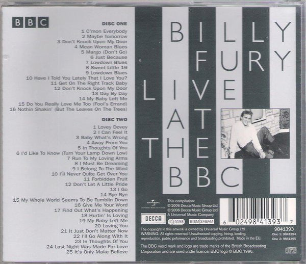 Image of Back Cover of 2xCD - VG+/VG+ - BILLY FURY, Billy Fury Live At The BBC (Decca; 9841393, UK 2006, Jewel Case, Booklet), ,  - 0636228E