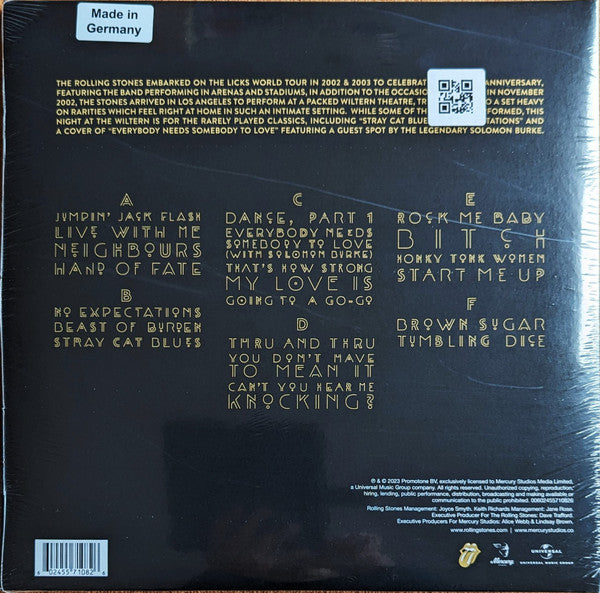 Image of Back Cover of LP - VG+/VG+ - THE ROLLING STONES, Live At The Wiltern (Rolling Stones Records; 00602455710826, Worldwide 2024, Gatefold, 3 Inners, Bronze/Black Swirl Vinyl. Nov. 4, 2002 set from Los Angeles' Wiltern Theatre.), Strong VG+ discs. Light corner wear. Small tear to opening edge, wear to inners.,  - 0626179E