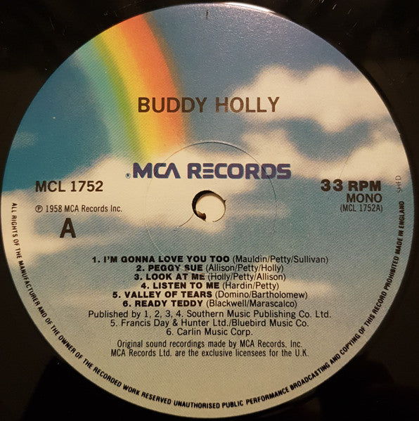 Image of Label Cover of LP - VG+/VG - BUDDY HOLLY, Buddy Holly (MCA Records; MCL 1752, UK 1985), Laminate creasing and edge wear. ,  - 0626282E